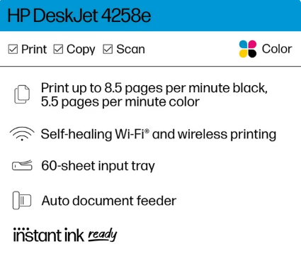 HP DeskJet 4258e Wireless All-in-One Inkjet Printer, 6 Months Instant Ink with HP+