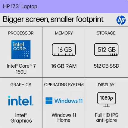 HP 17.3" FHD Windows 11 Laptop | Intel Core 7 | 16GB RAM | 512GB SSD | 2-Yr HP Care Pack w/Accidental Damage Protection