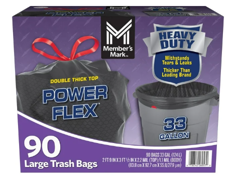 Member's Mark Power Flex 33-Gallon Large Trash Bags, 90 ct.