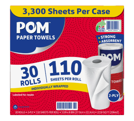 POM Individually Wrapped 2-Ply Paper Towels 30 rolls, 110 sheets/roll
