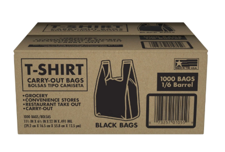 Black T-Shirt Carryout Bags, 11.5" x 6.5" x 22" 1000 ct.